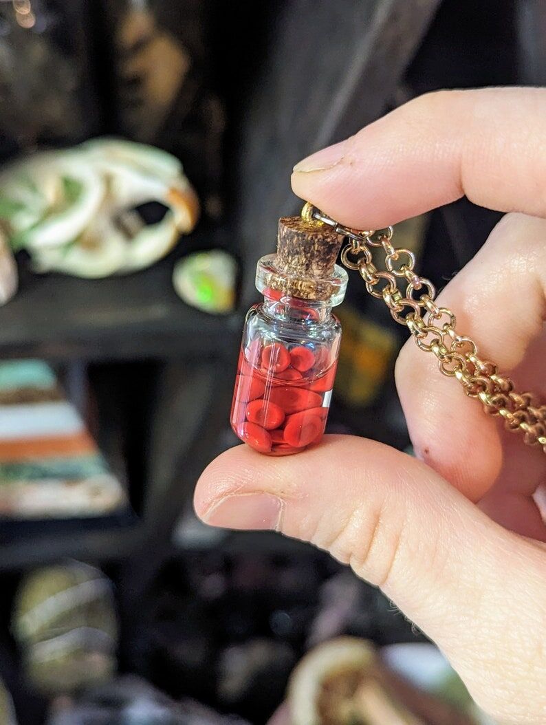 Tiny Mystic Red Blood Cell Vial - Handcrafted Polymer Clay Trinket Jewelry - Witchcraft Gothic Nurse Science Necklace