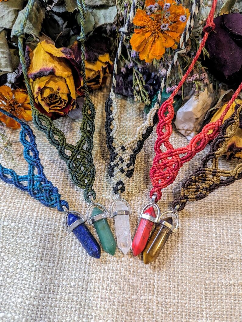 Natural Stone Macrame Necklace | Boho Style | Hippie Jewelry | Chakra Healing Crystal | Tribal Bohemian | Malachite Amethyst Jasper Quartz +