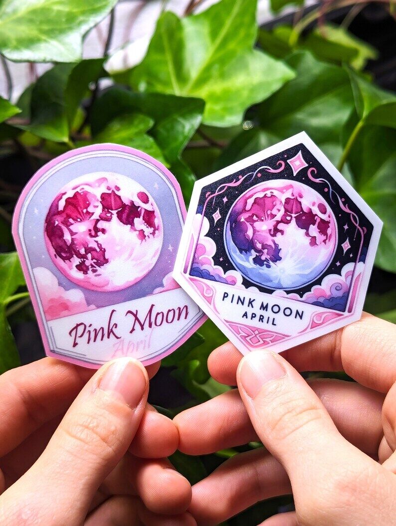 Pink Moon Stickers | Full Moon Pagan Witch Moon Decorative Stickers for Grimoire, Journal Planner, Book of Shadows | Waterproof Matte Finish