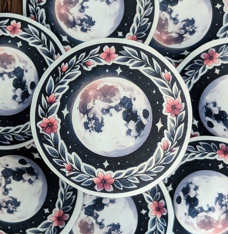 Flower Full Moon May Sticker | Pagan Witch Moon Decorative Stickers for Grimoire, Journal Planner, Book of Shadows | Waterproof Matte Finish