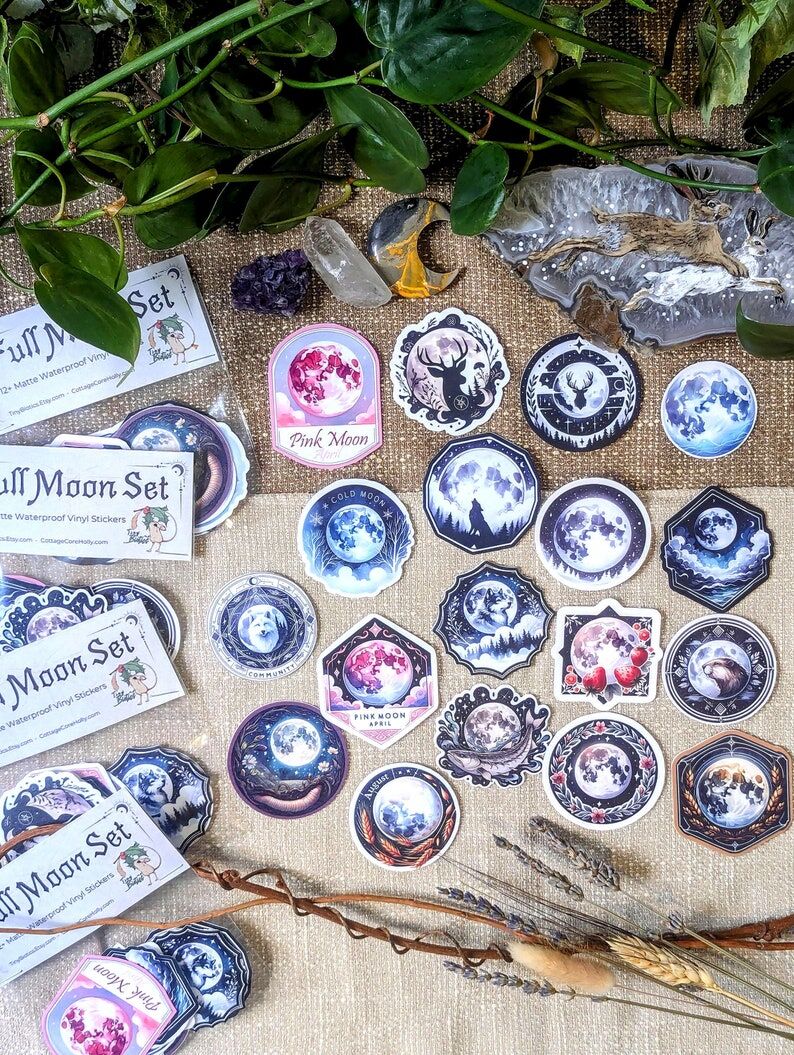 18 Full Moon Sticker Bundle Set | Pagan Witch Moon Decorative Stickers for Grimoire, Journal Planner, Book of Shadows | Waterproof Matte
