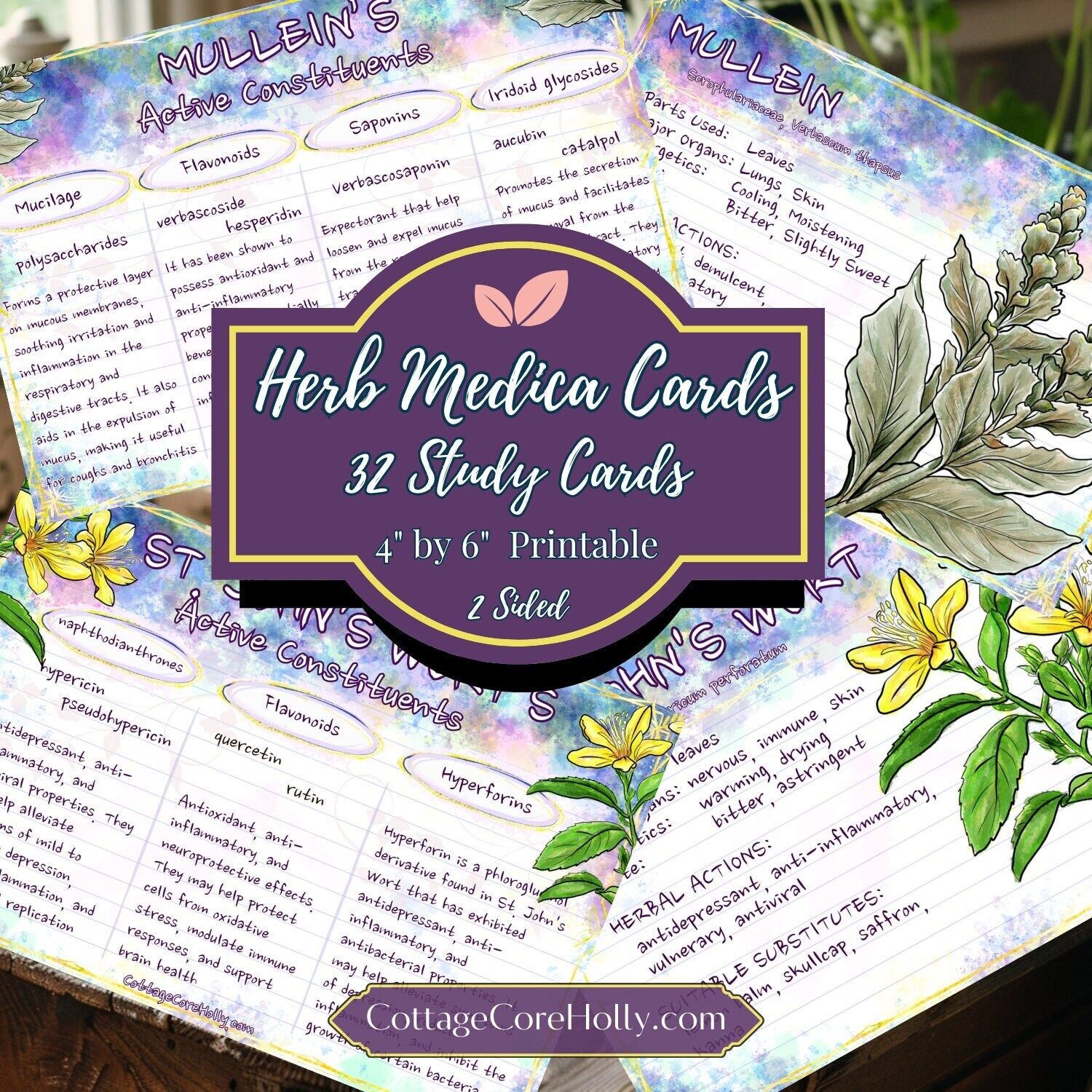 Printable Herb Medica Cards | Breakdown Individual Constituent Properties | Watercolor Herbal Reference Set Apothecary Tea Recipe Info Guide
