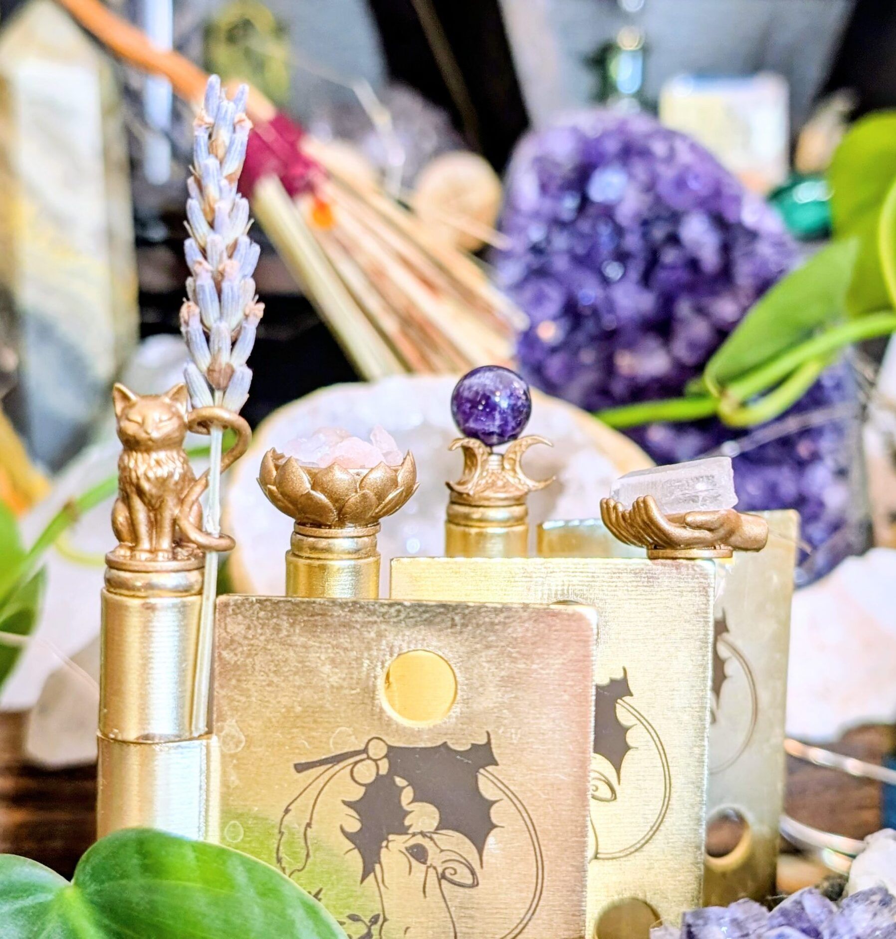 CottageCoreHolly Witch Divination Hinge Head Bundle displayed with natural elements: cat with lavender, lotus bowl with rose, salt bowl, and crescent moon crystal stand